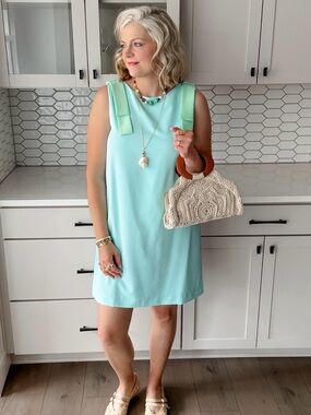 Sleeveless Mint Shift Midi Dress with Ribbon Shoulder Detail